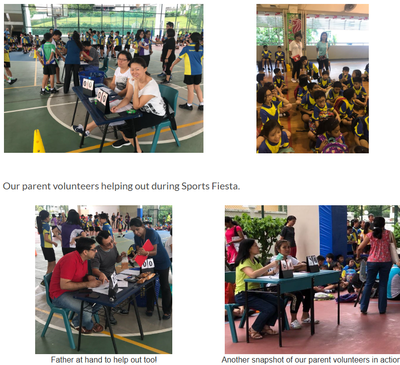 A group of pupils registering to compete in sports at booths manned by parent volunteers